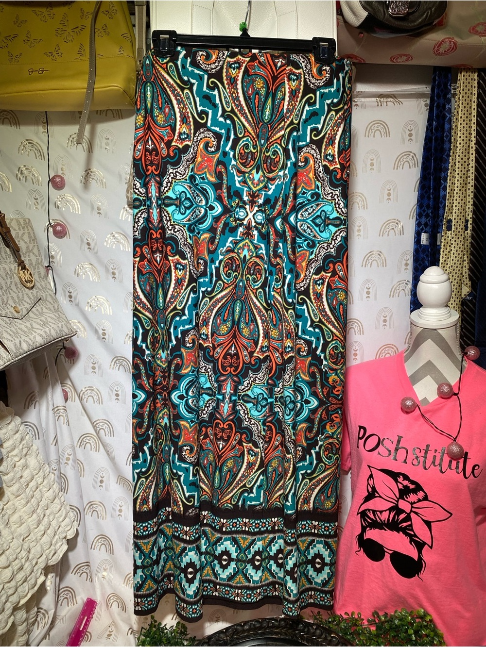 Cato Teal Coral and Black Paisley Print Skirt